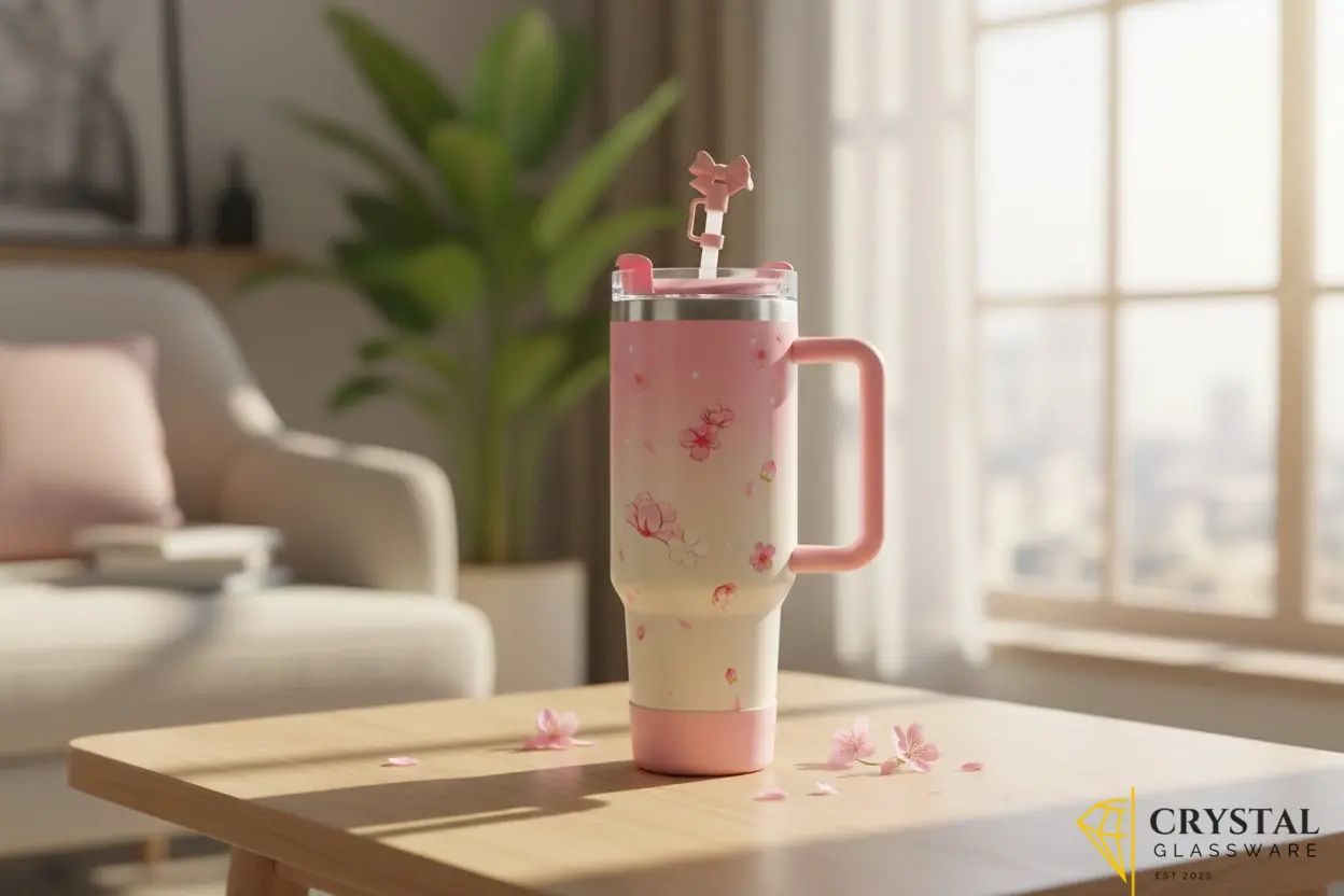 Insulated stainless steel travel tumbler features a matching straw topper and a convenient side handle
